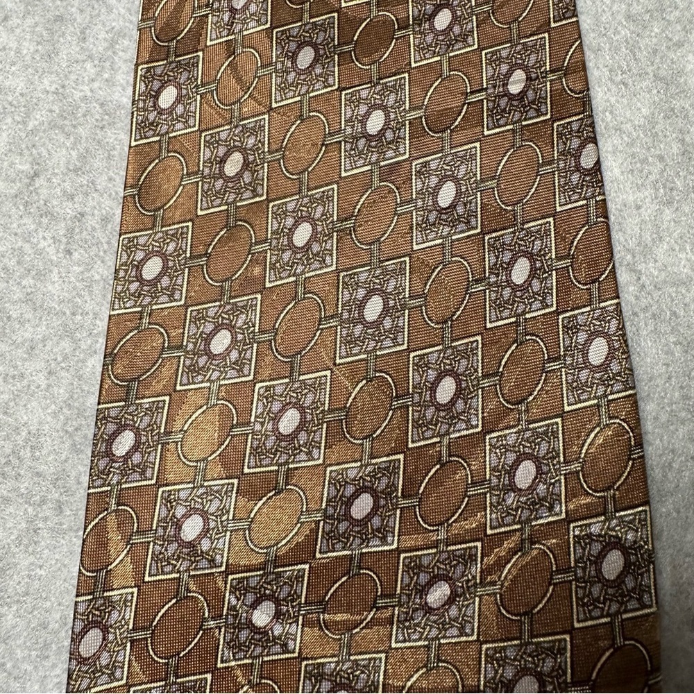 Phineas Creed Hand Made Men Silk Jacquard Geometric Pattern Necktie Gold Brown - Picture 2 of 4